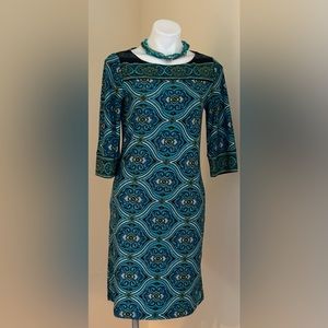 Premise Bright Blue/Green Medallion Shift Dress Sz M With Lining 3/4 Sleeves